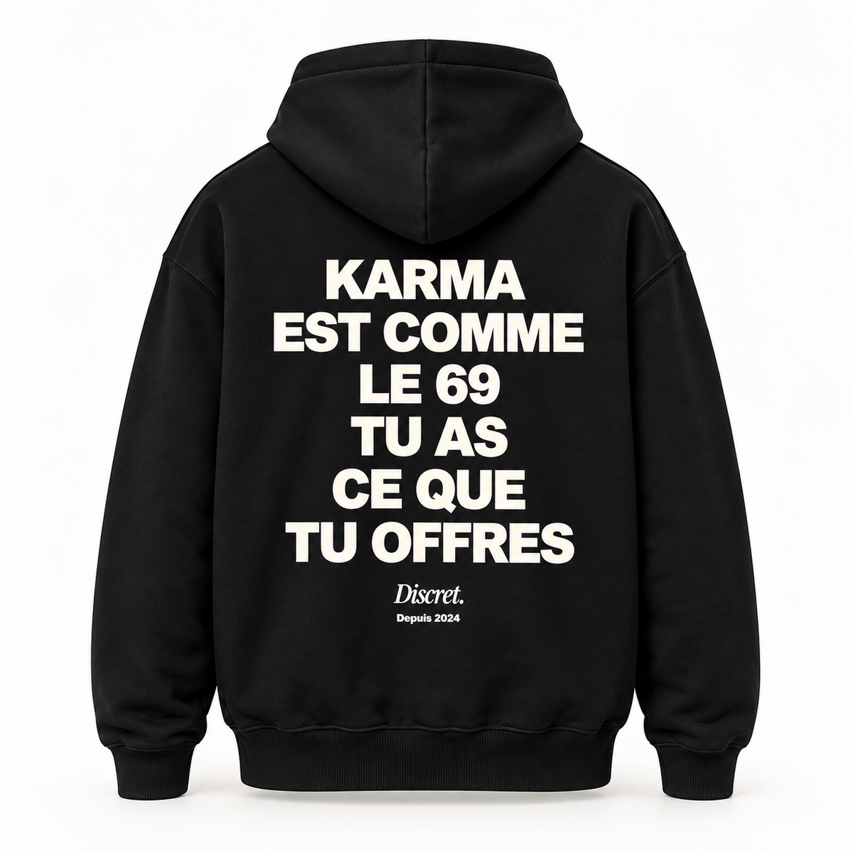 Vue dos noir — KARMA EST COMME LE 69 – Hoodie — Discret. Depuis 2024
