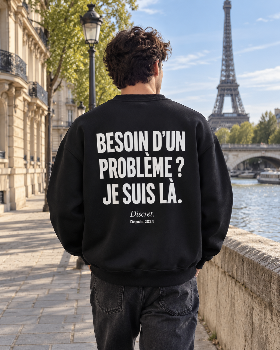 Photo UGC portée de dos — BESOIN D’UN PROBLÈME ? JE SUIS LÀ. – Sweat — Discret. Depuis 2024