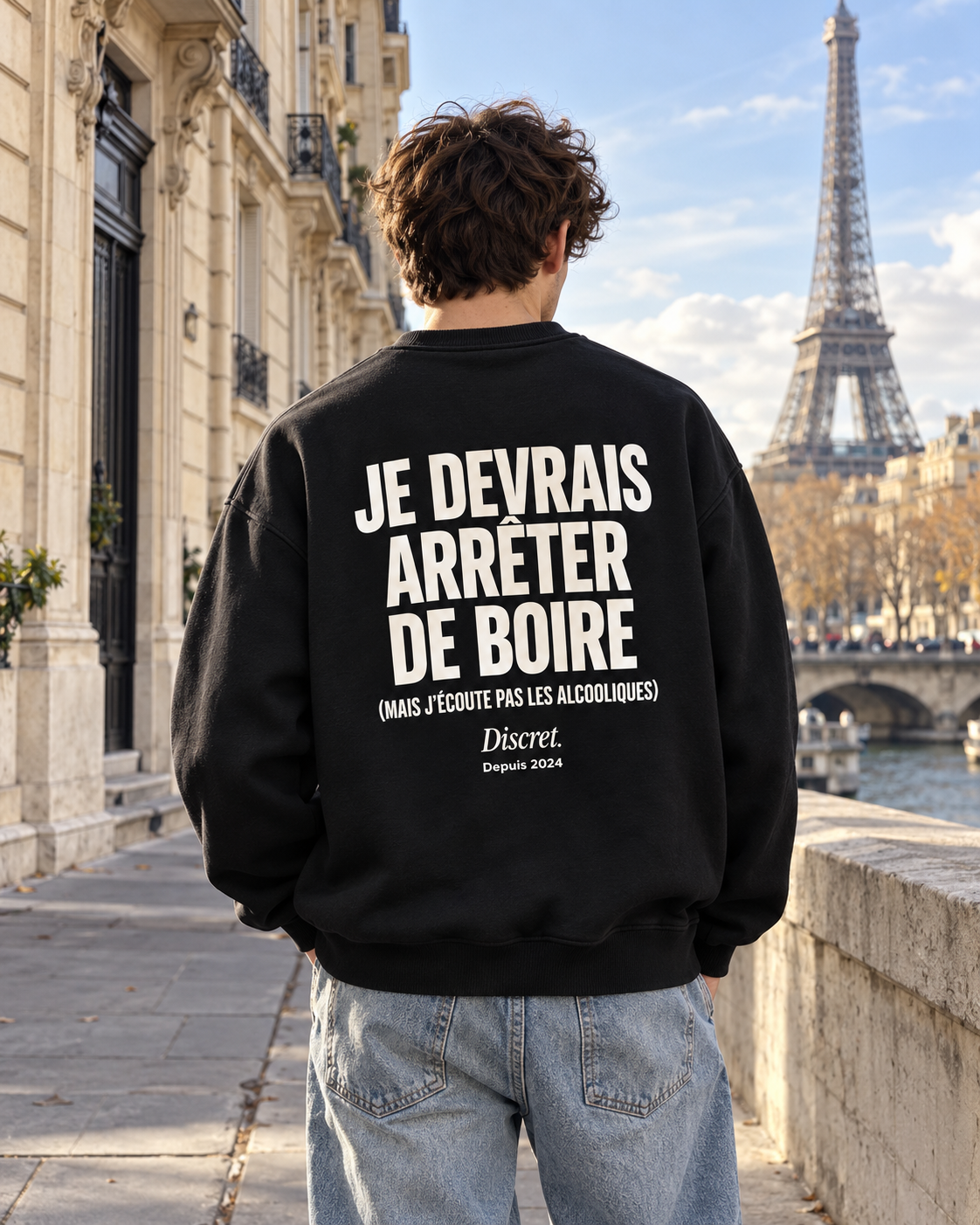 Photo UGC portée de dos — JE DEVRAIS ARRETER DE BOIRE MAIS – Sweat — Discret. Depuis 2024
