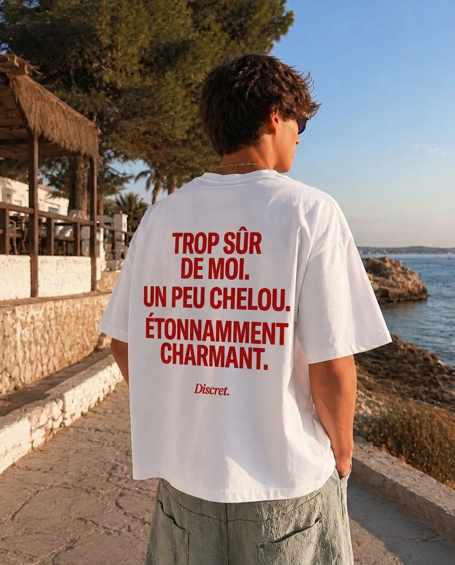 T-shirt oversize Discret. « TROP SÛR DE MOI. UN PEU CHELOU. ÉTONNAMMENT CHARMANT. » porté en situation